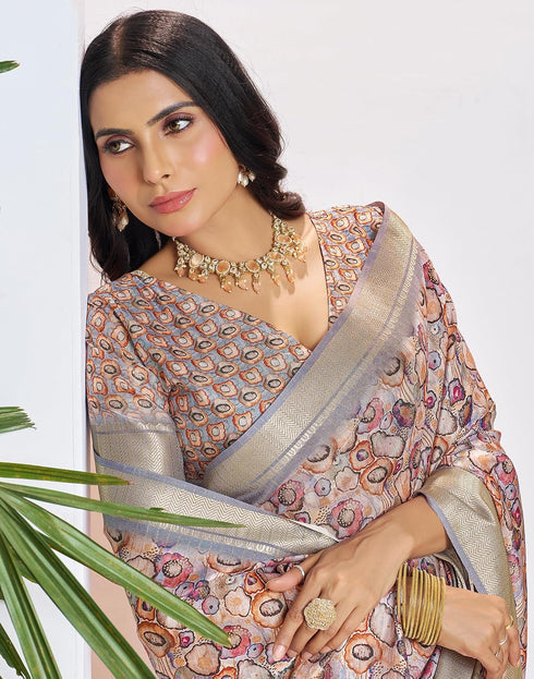 Vasthrlay Womens Printed Grey Saree With Unstitched Blouse Piece