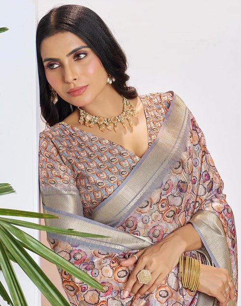 Vasthrlay Womens Printed Unstitched Beige Saree