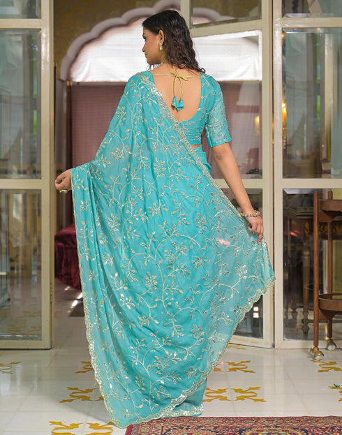 Vasthrlay Georgette Embroidery Turquoise Saree With Unstitched Blouse Piece