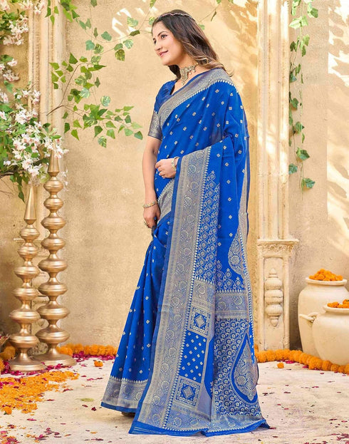 Vasthrlay Womens Weaving Blue | Gold Saree With Unstitched Blouse Piece