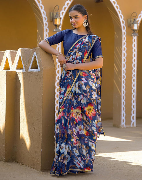 Vasthrlay Chiffon Tassels Unstitched Dark Green Saree