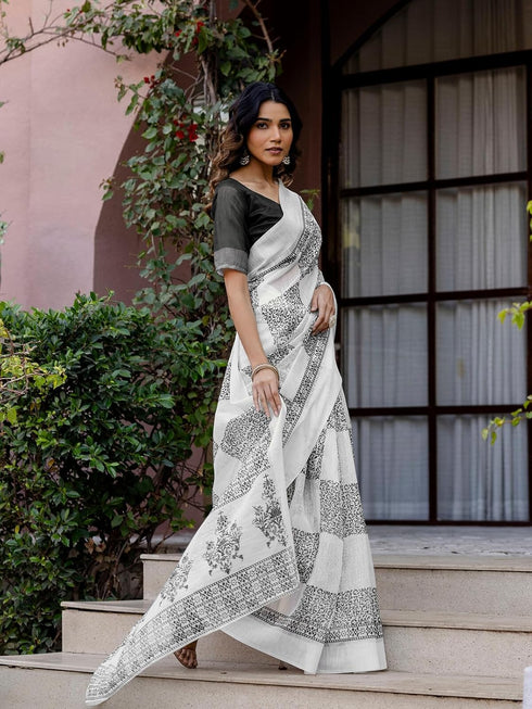 Vasthrlay Womens Printed Unstitched Multicolor Saree