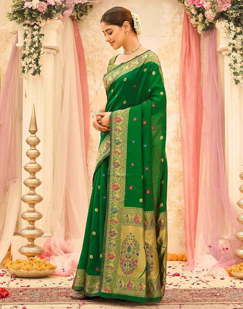 Vasthrlay Weaving Paithani Green | Gold Saree With Unstitched Blouse Piece