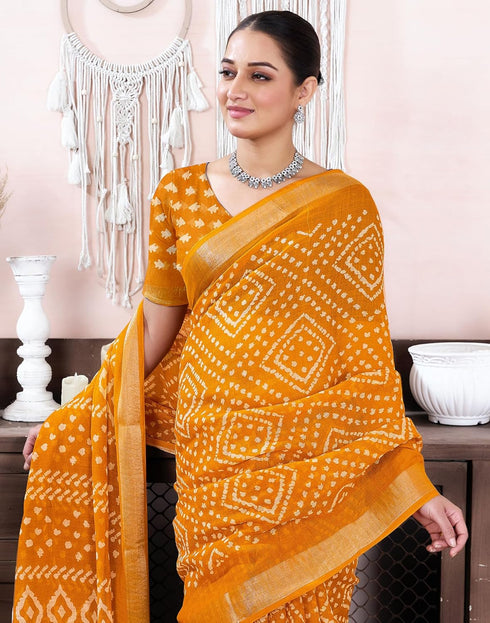 Vasthrlay Bandhani Printed Unstitched Yellow Saree