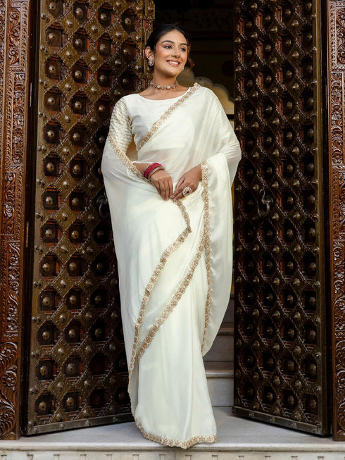 Vasthrlay Sequins Embroidery Unstitched Maroon Saree