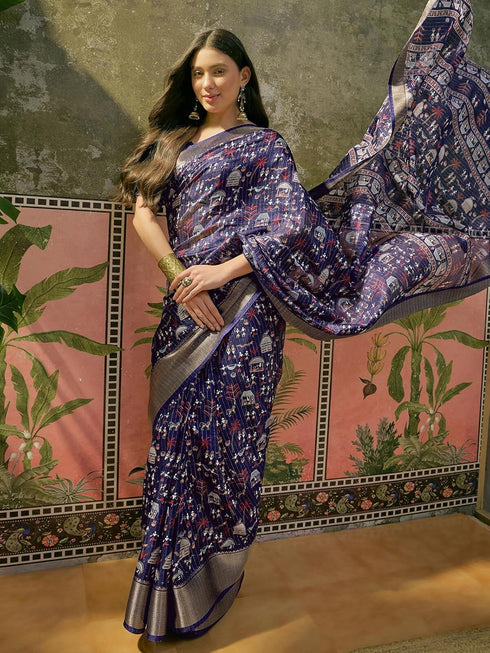 Vasthrlay Womens Printed Unstitched Navy Blue Saree