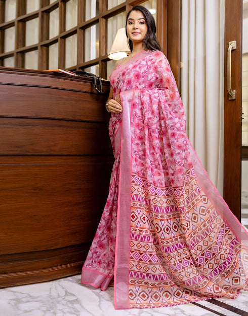 Vasthrlay Womens Printed Unstitched Cream Saree