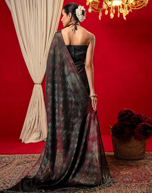 Vasthrlay Chiffon Printed Unstitched Black Saree
