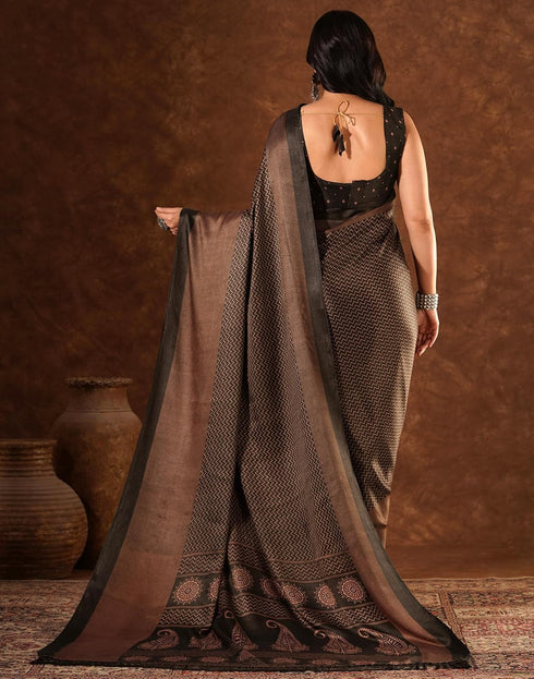 Vasthrlay Womens Printed Unstitched Brown Saree