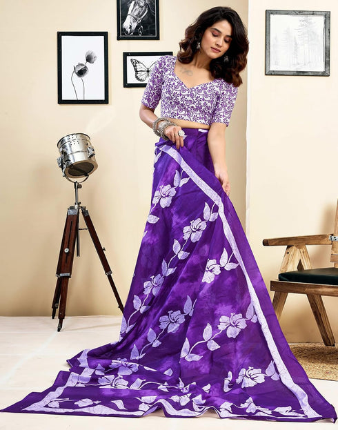 Vasthrlay Womens Printed Purple Saree With Unstitched Blouse Piece