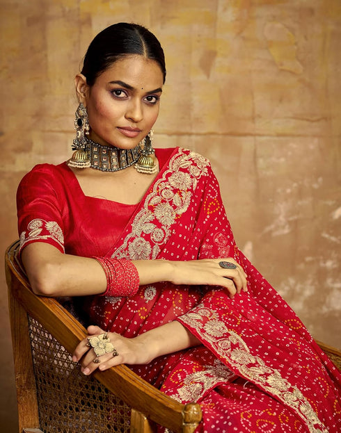 Vasthrlay Georgette Embroidery Unstitched Red Saree