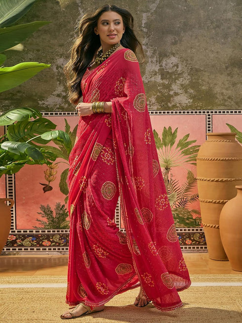 Vasthrlay Georgette Embroidery Red Saree With Unstitched Blouse Piece