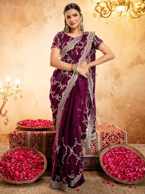 Vasthrlay Scalloped Embroidery Unstitched Light Green Saree