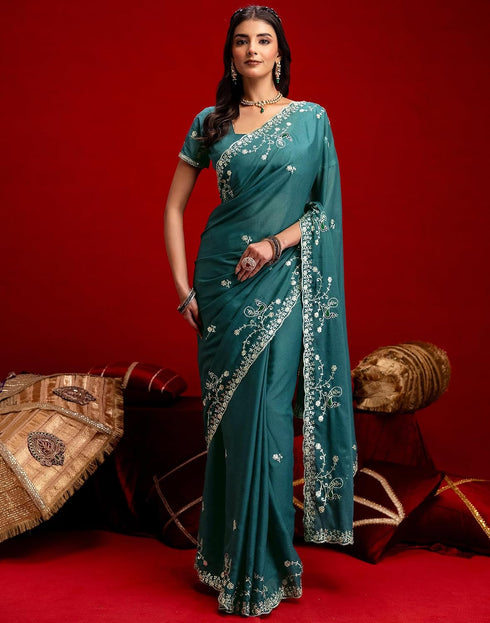Vasthrlay Georgette Embroidery Teal Blue Saree With Teal Blue Unstitched Blouse Piece