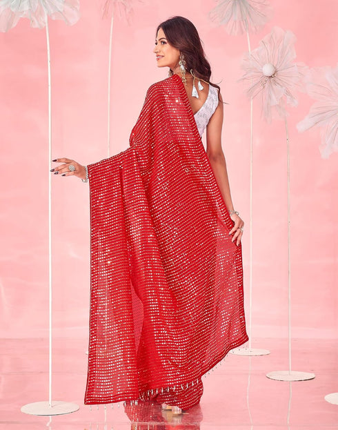 Vasthrlay Georgette Sequins Unstitched Red Saree