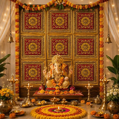 SATYAM KRAFT Ganpati Bappa Backdrop | janmashtami Decor | Wall Panels (9 pcs set)