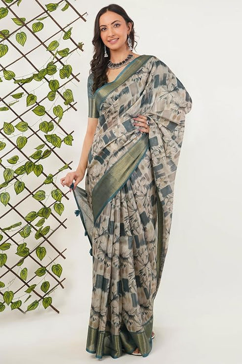 Vasthrlay Off White Teal Patchwork Print Polyester Saree With Zari Border And Unstitched Blouse Piece