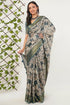 Vasthrlay Off White Teal Patchwork Print Polyester Saree With Zari Border And Unstitched Blouse Piece