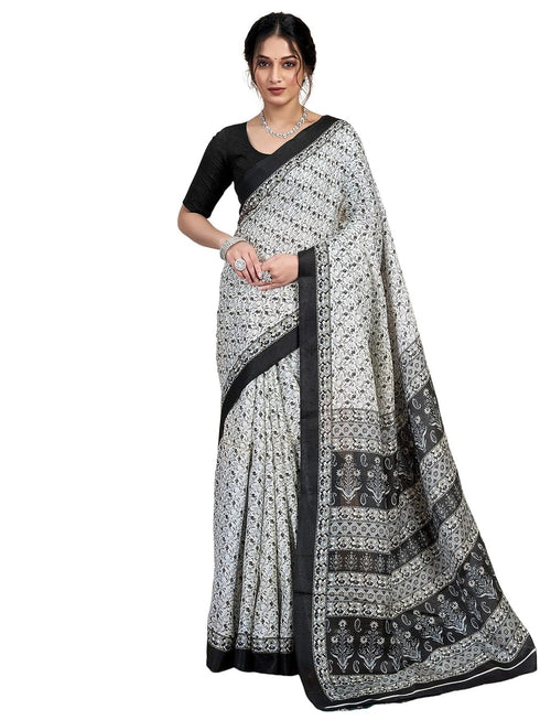 Vasthrlay Bandhani Printed White | Black Saree With Unstitched Blouse Piece