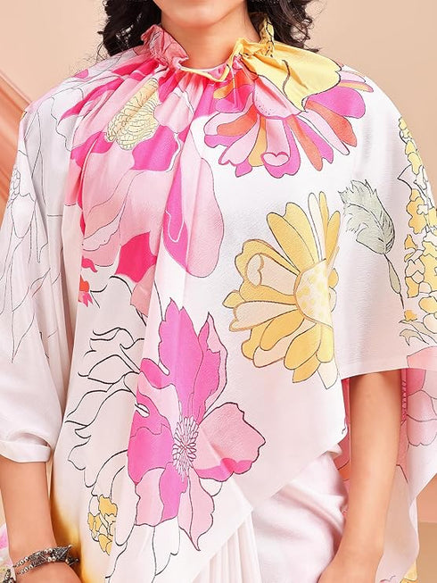 Vasthrlay Printed Kaftan Freehand Pink-Yellow-White Bollywood Satin Saree with Unsticted Blouse Piece