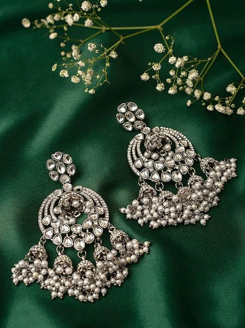 Zaveri Pearls Antique Silver Tone Kundan & Austrian Diamonds Jhumki