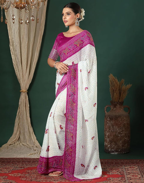 Vasthrlay Georgette Bandhani Unstitched White Saree