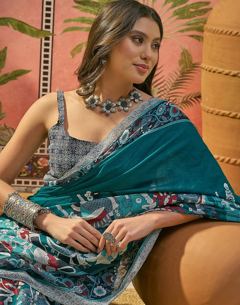 Vasthrlay Womens Printed Teal Blue | Multi Saree With Unstitched Blouse Piece