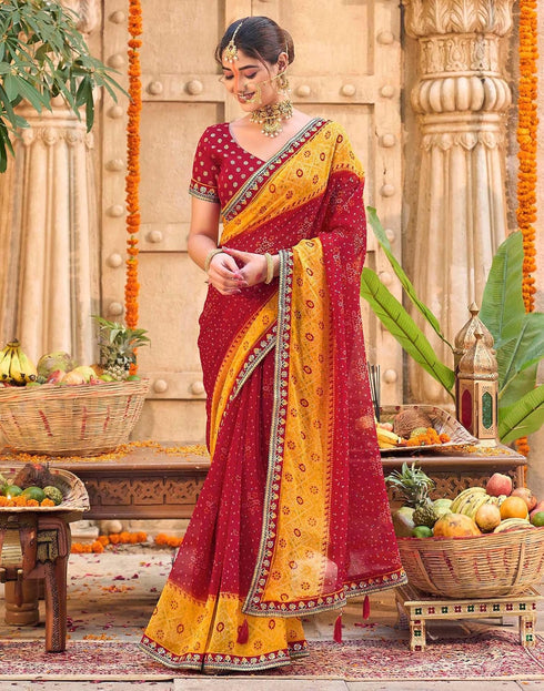 Vasthrlay Georgette Embroidery Blouse Piece Yellow/Red Saree With Unstitched Blouse Piece