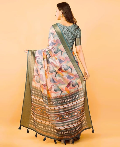 Vasthrlay Multicolour Geometric Print Polyester Saree With Dull Gold Zari Border And Unstitched Blouse Piece