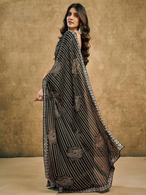 Vasthrlay Chiffon Bandhani Black Saree With Unstitched Blouse Piece