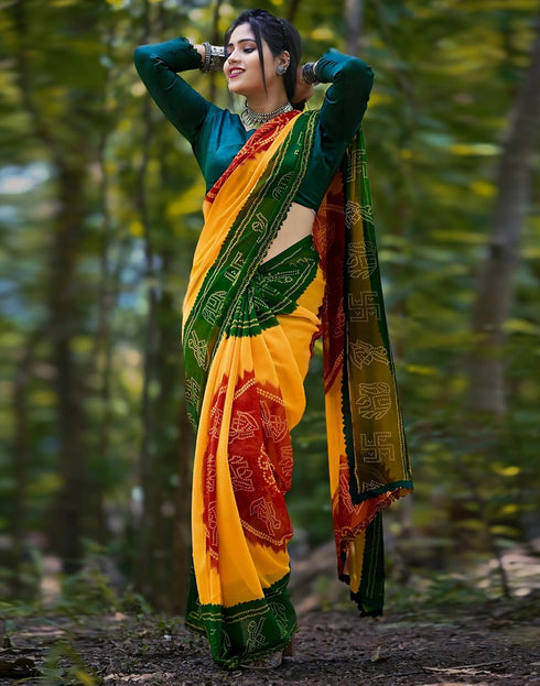 Vasthrlay Georgette Printed Unstitched Yellow Saree