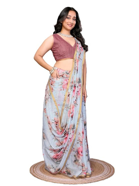Vasthrlay Powder Blue Digital Print Linen Ready To Wear Saree