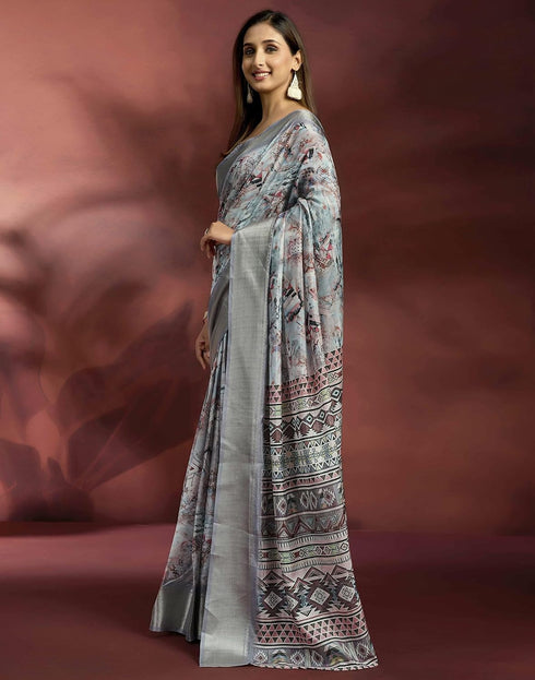 Vasthrlay Womens Printed Grey Saree With Unstitched Blouse Piece