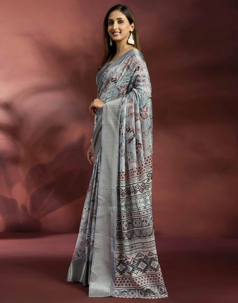 Vasthrlay Womens Printed Unstitched Navy Blue Saree