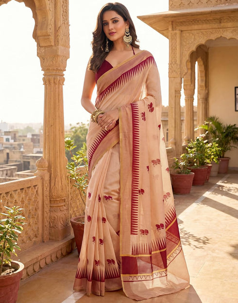 Vasthrlay Womens Printed Unstitched Peach Saree