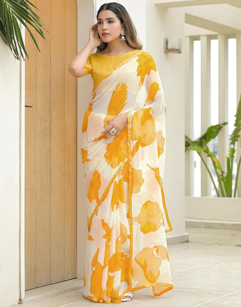 Vasthrlay Chiffon Blouse Yellow | White Saree With Unstitched Blouse Piece