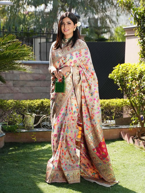 VasthrlayKanjivaram Unstitched Kashmir Creammm Free Ethnic Wear