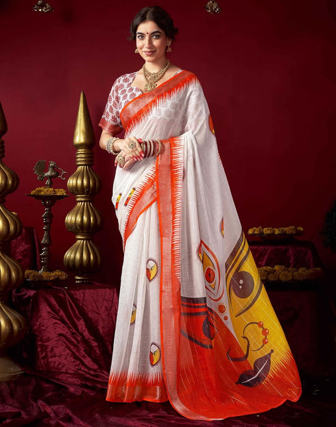Vasthrlay Womens Printed Unstitched White Saree