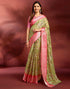 Vasthrlay Printed Jacquard Green Saree With Pink Unstitched Blouse Piece