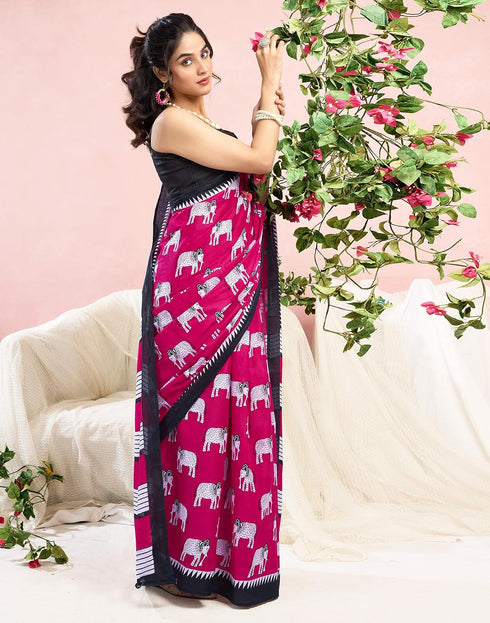 Vasthrlay Womens Printed Rani Pink Saree With Black Unstitched Blouse Piece