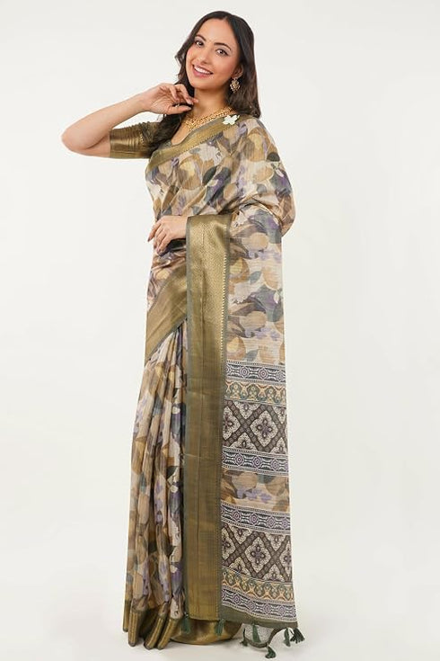 Vasthrlay Olive Beige Abstract Floral Polyester Saree With Zari Border And Ruched Unstitched Blouse Piece