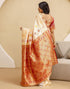 Vasthrlay Womens Banarasi Off White | Orange Saree With Unstitched Blouse Piece