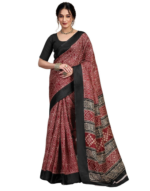 Vasthrlay Bandhani Printed Maroon Saree With Black Unstitched Blouse Piece