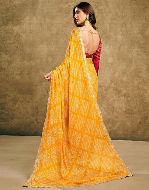 Vasthrlay Chiffon Bandhani Unstitched Yellow Saree