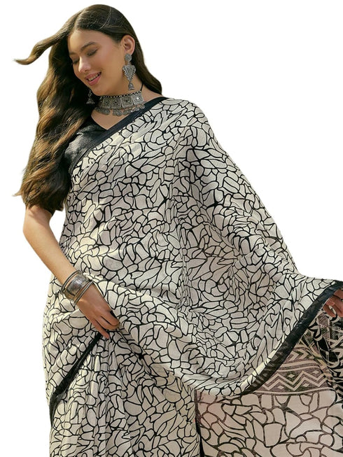 Vasthrlay Womens Printed Unstitched Beige Saree