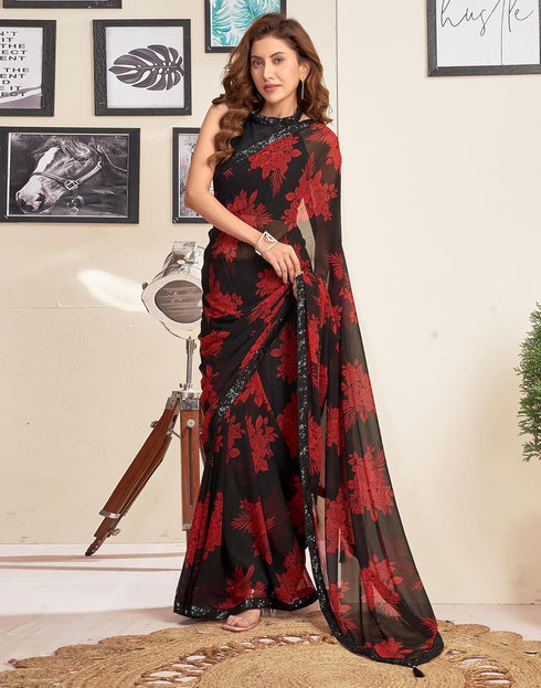 Vasthrlay Georgette Sequence Unstitched Black Saree