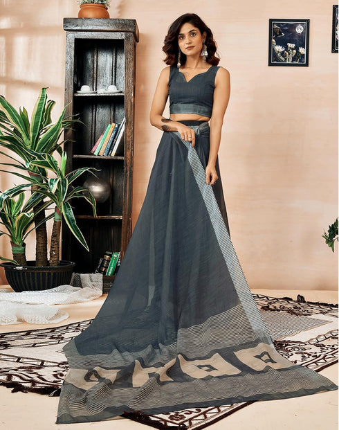 Vasthrlay Womens Printed Unstitched Dark Green Saree
