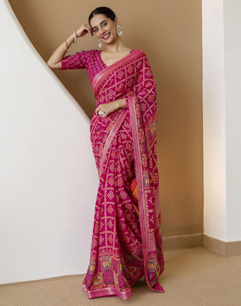 Vasthrlay Georgette Bandhani Unstitched Maroon Saree