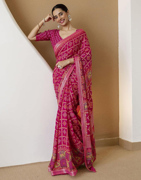 Vasthrlay Georgette Bandhani Rani Pink Saree With Unstitched Blouse Piece