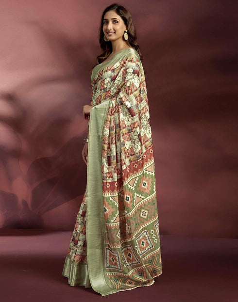 Vasthrlay Banglori Printed Light Green Saree With Unstitched Blouse Piece